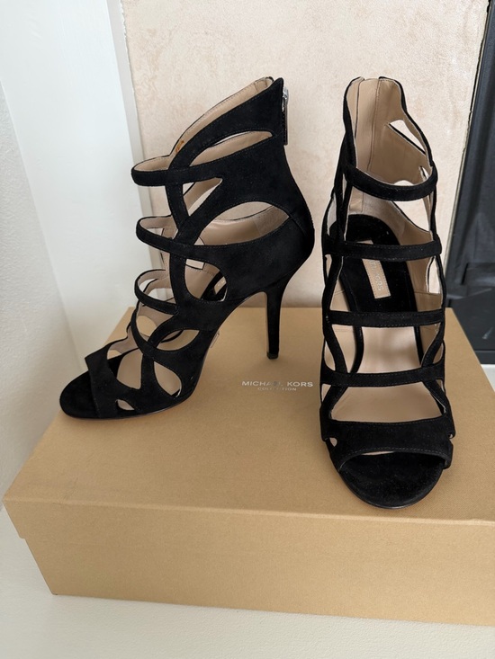 NIB Michael Kors Collection Black Kid Suede Cutout High Heel Sandals 38